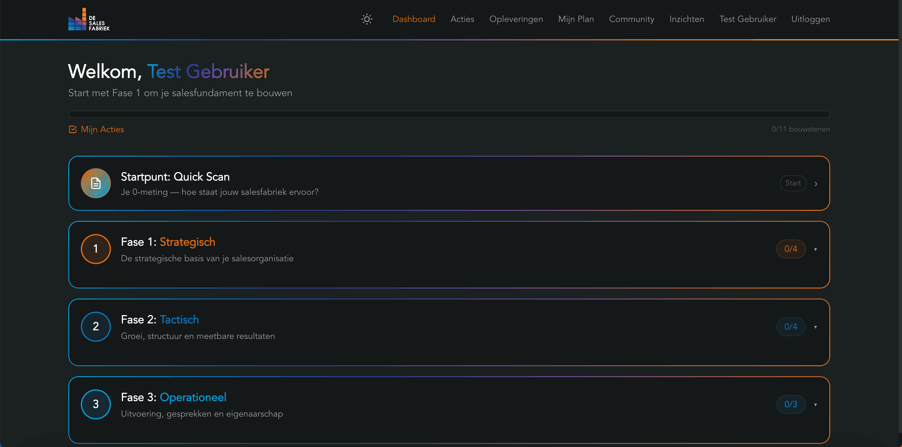 Dashboard - welkomstpagina met voortgang per fase en bouwstenen