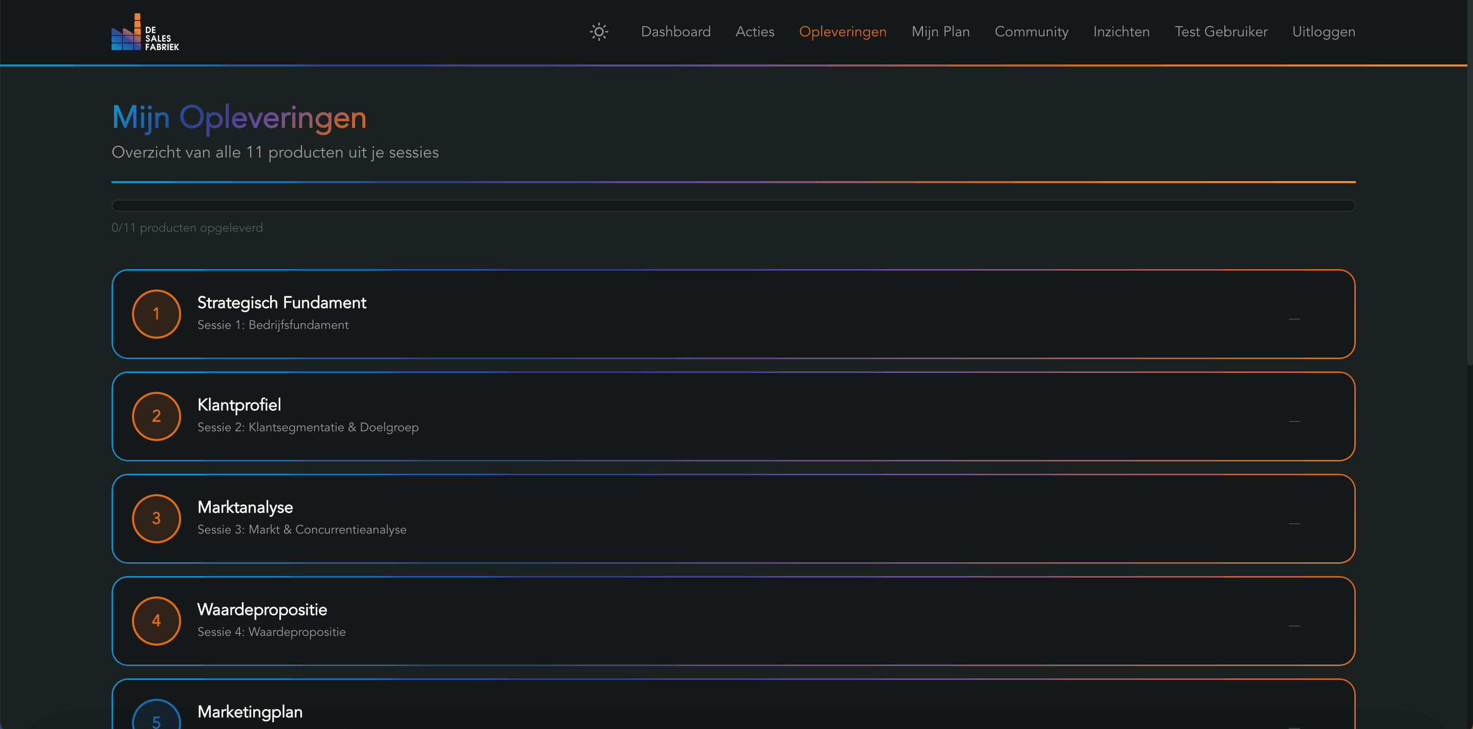 Mijn Opleveringen - overzicht van alle 11 producten uit je sessies
